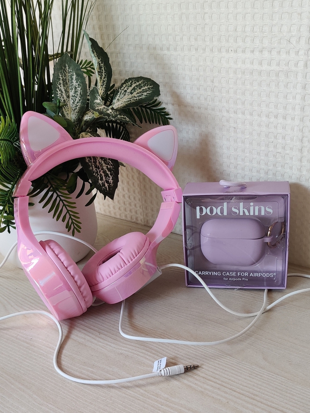 Pink Cat-Ear Headphones & Lavender Pod Skins Carrying Case